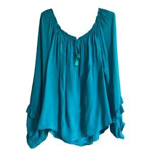 Hale Bob green Bohemian Blouse size Large boho peasant long sleeve tassel